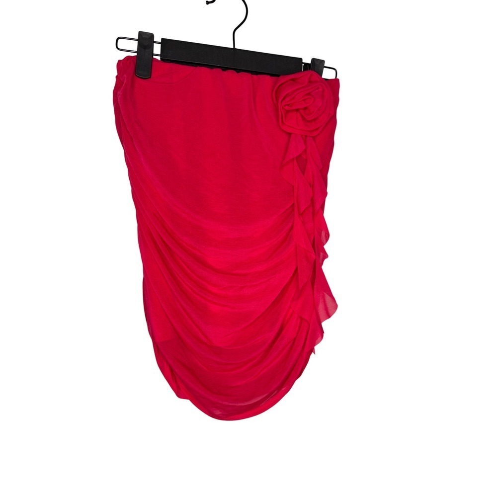 Miss Selfridge y2k Strapless Ruched Fuchsia Mini Dress with Floral Detail